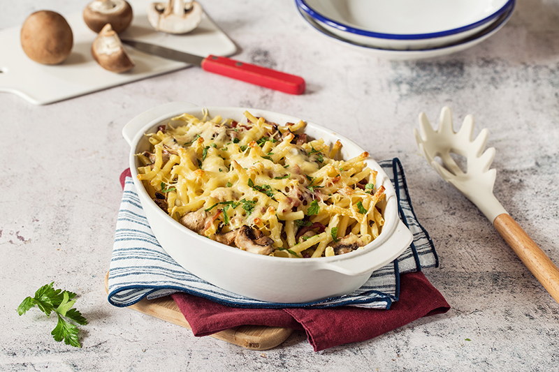 Gratin de Macaroni champignons lardons LUSTUCRU