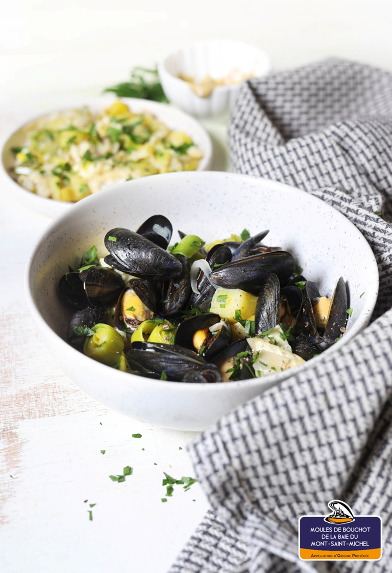 Moules de bouchot Baie du Mont-Saint-Michel fondue de poireaux fromage