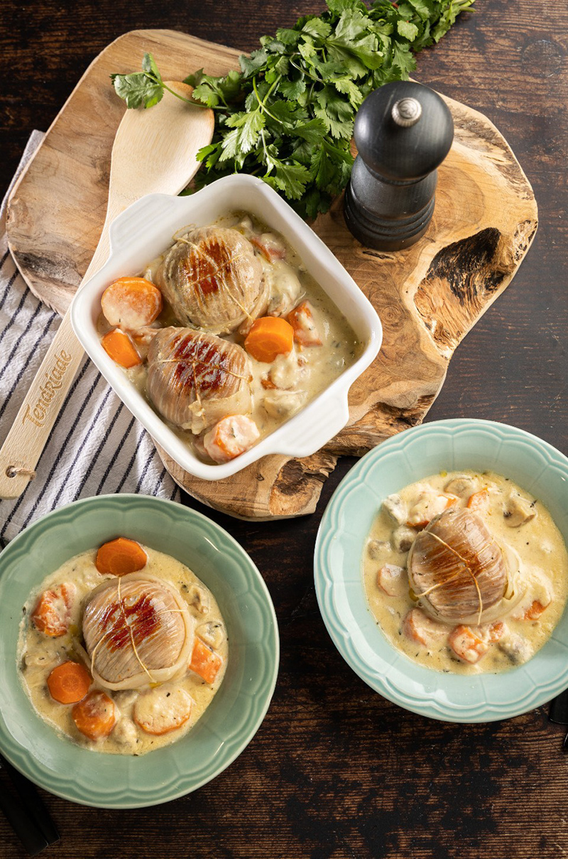 Paupiettes de veau, carottes, champignons sauce crémeuse
