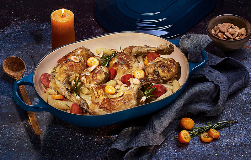 Cocotte de lapin salsifis, safran amandes grillées