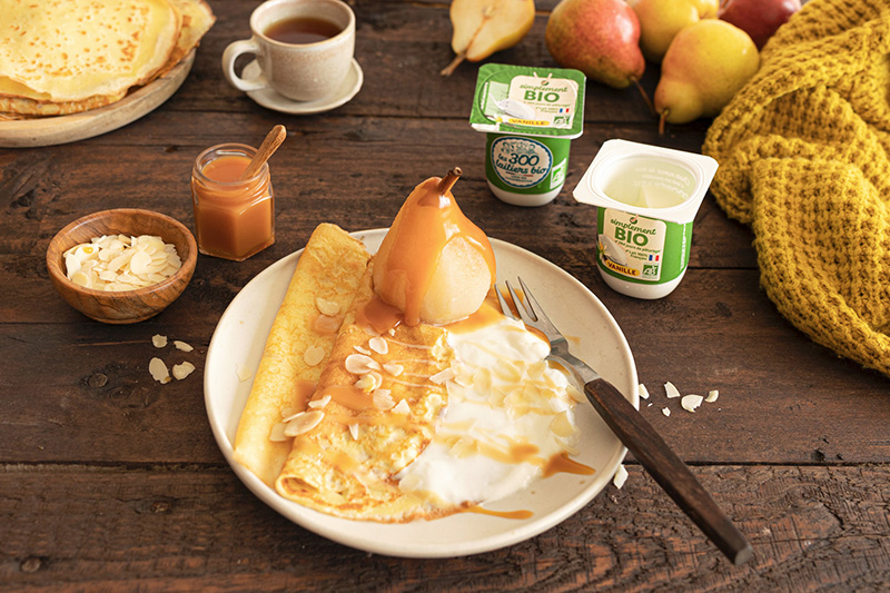 Crêpes caramel beurre salé poire pochée