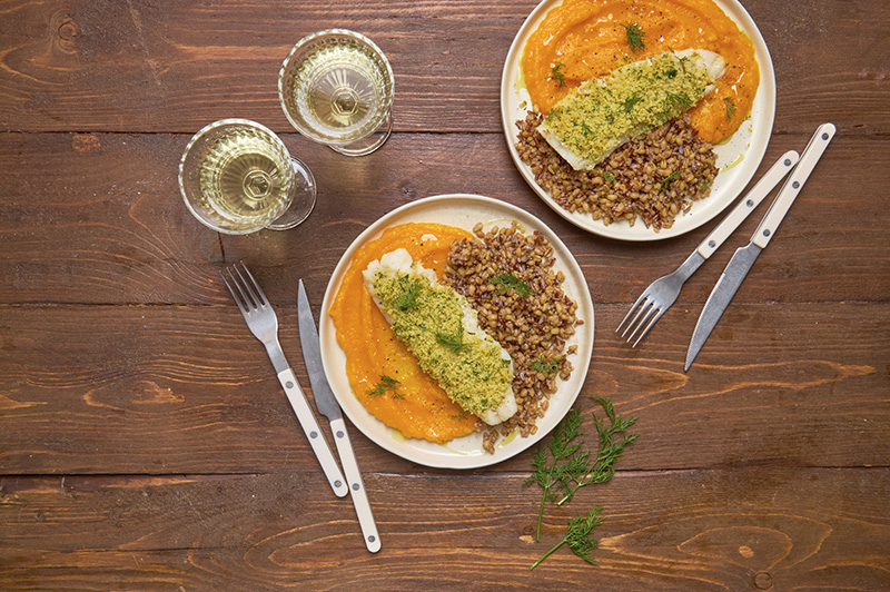 Églefin croûte d’herbes purée de potimarron