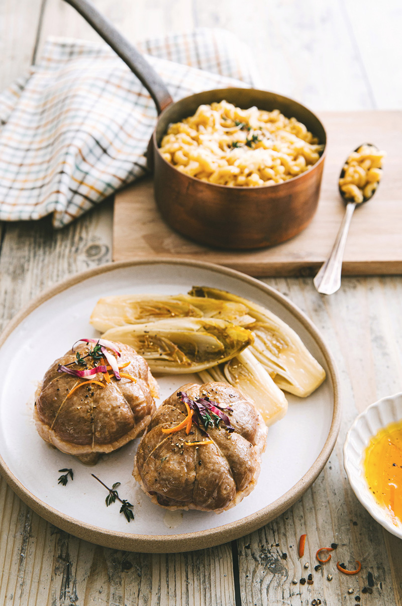 Paupiettes de veau, coquillettes risotto