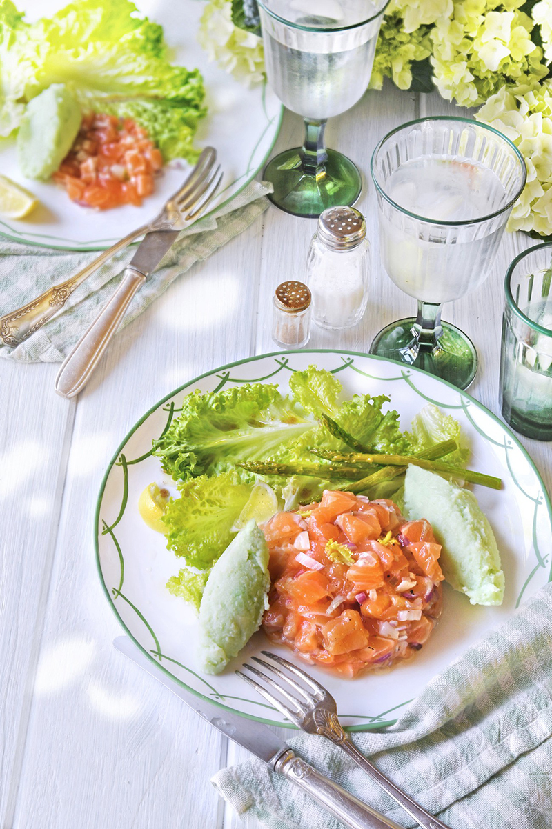 Tartare de saumon glace aux asperges vertes