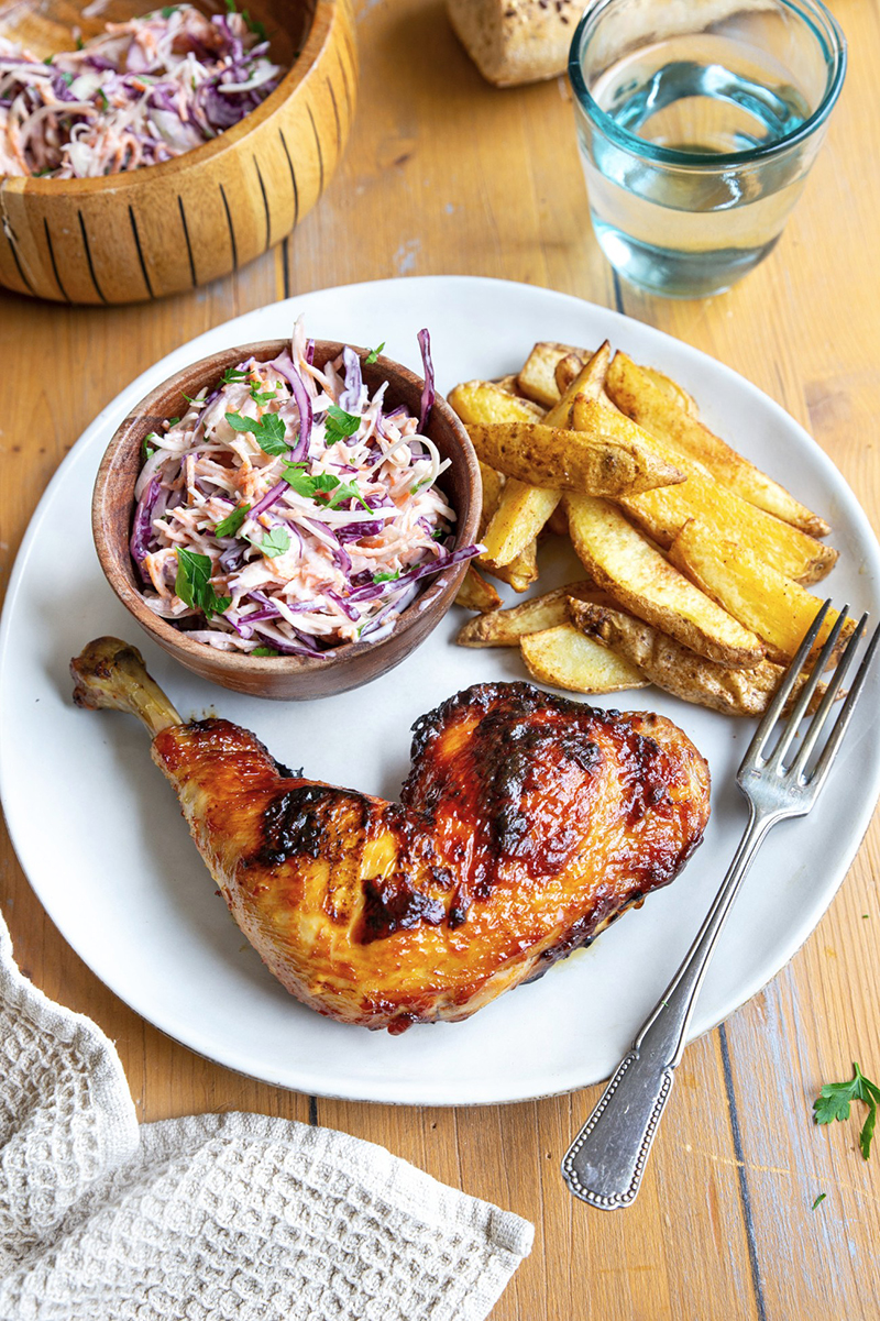 Cuisse de poulet fermier Label Rouge BBQ, sauce barbecue coleslaw