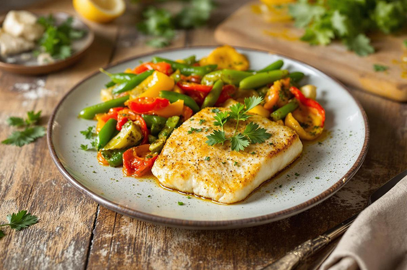Filet d’églefin curcuma, poêlée de légumes du soleil