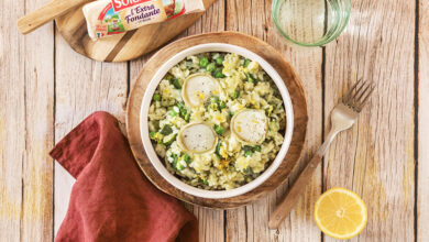 Risotto petits pois courgette, Bûche SOIGNON