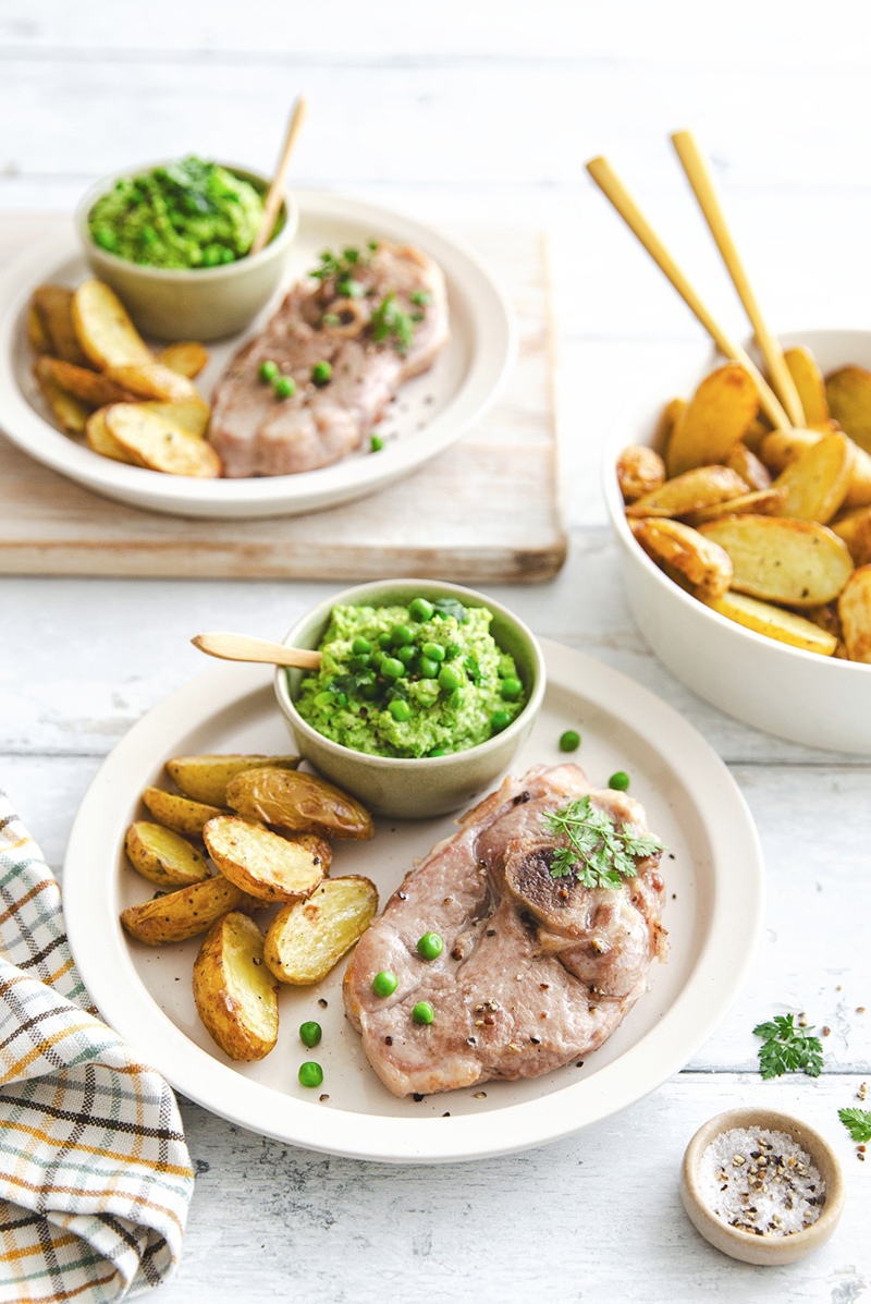 Gigot de chevreau, houmous petits pois