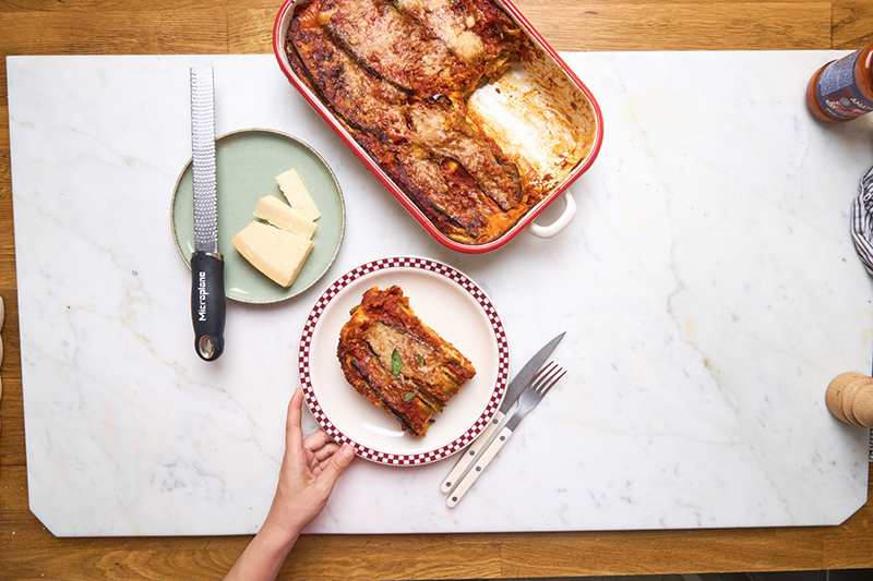 Lasagnes aubergines parmesan, sauce amatriciana