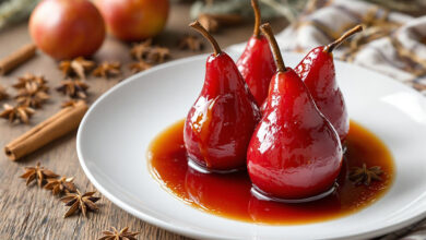 Poires pochées vin rouge aux épices