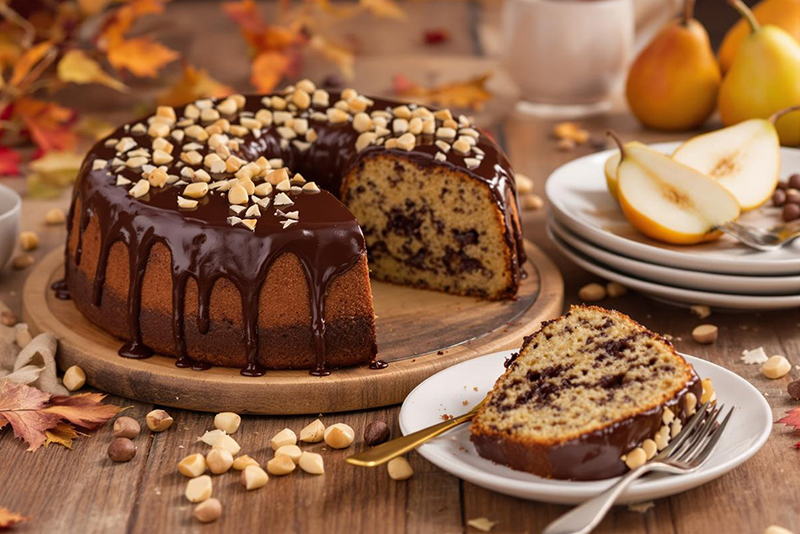 Gâteau fondant poire chocolat, glaçage brillant noisettes