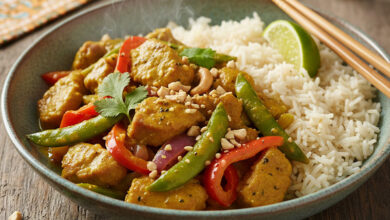 Sauté de porc fondant curry doux, légumes croquants riz parfumé
