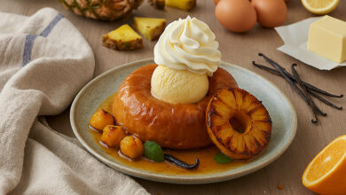 Baba exotique rhum, ananas rôti glace vanille