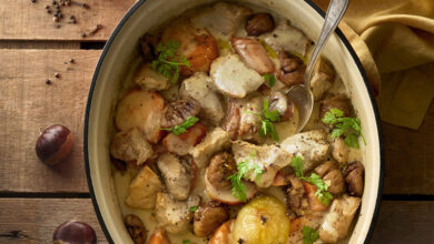 Blanquette de veau patates douces, carottes châtaignes