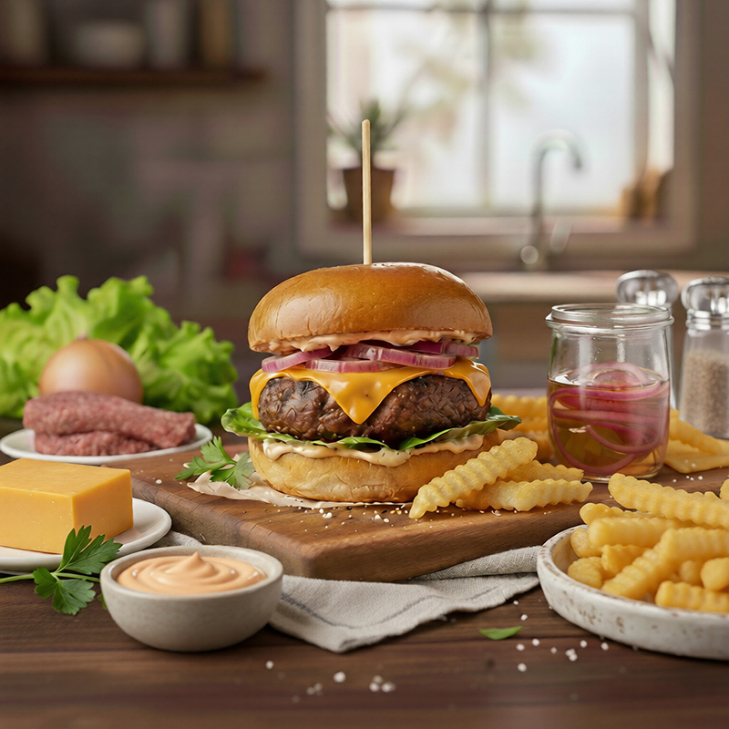 Burger gourmet cheddar fondant pickles d’oignons rouges