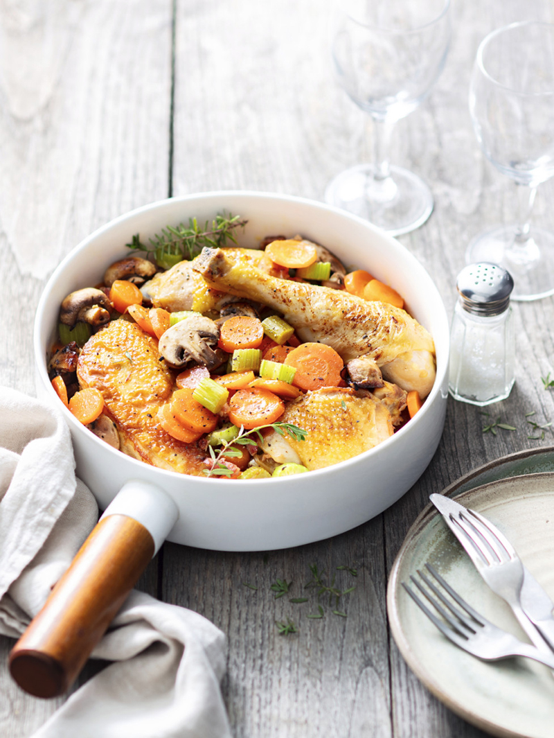 Fricassée de poulet, légumes champignons