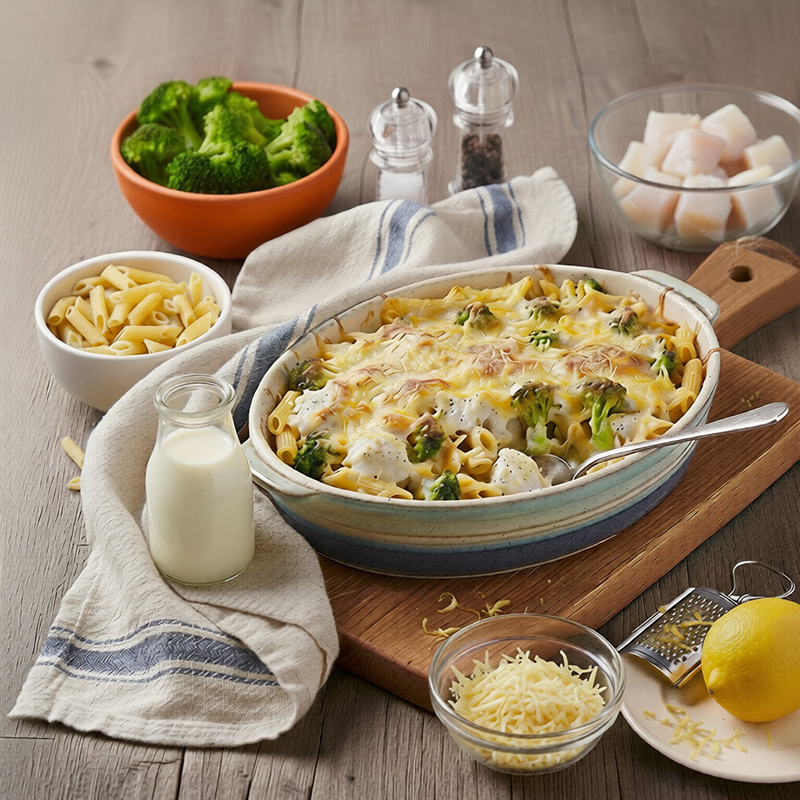 Gratin de penne, brocoli poisson blanc
