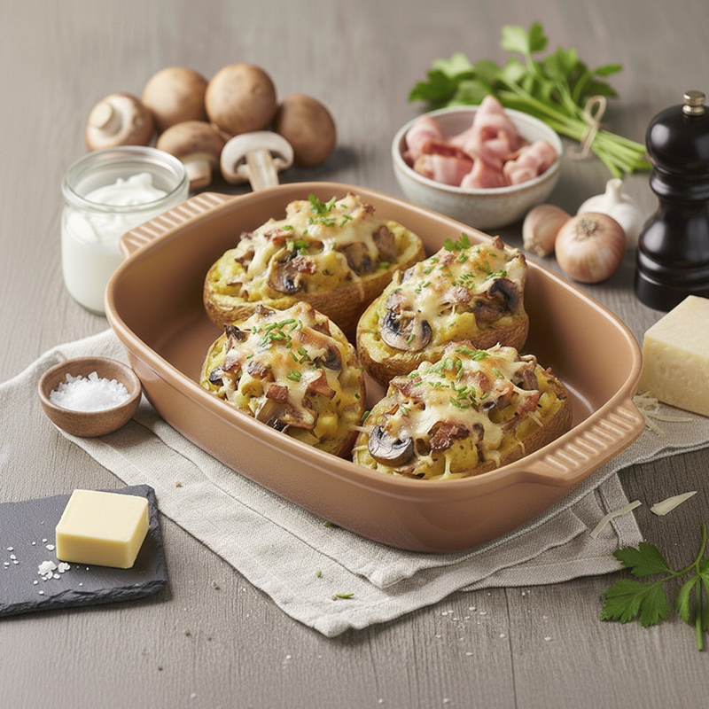 Pommes de terre rôties farcies champignons, jambon fromage