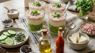 Verrines fraîcheur concombre, crème Vache qui rit® mousse jambon