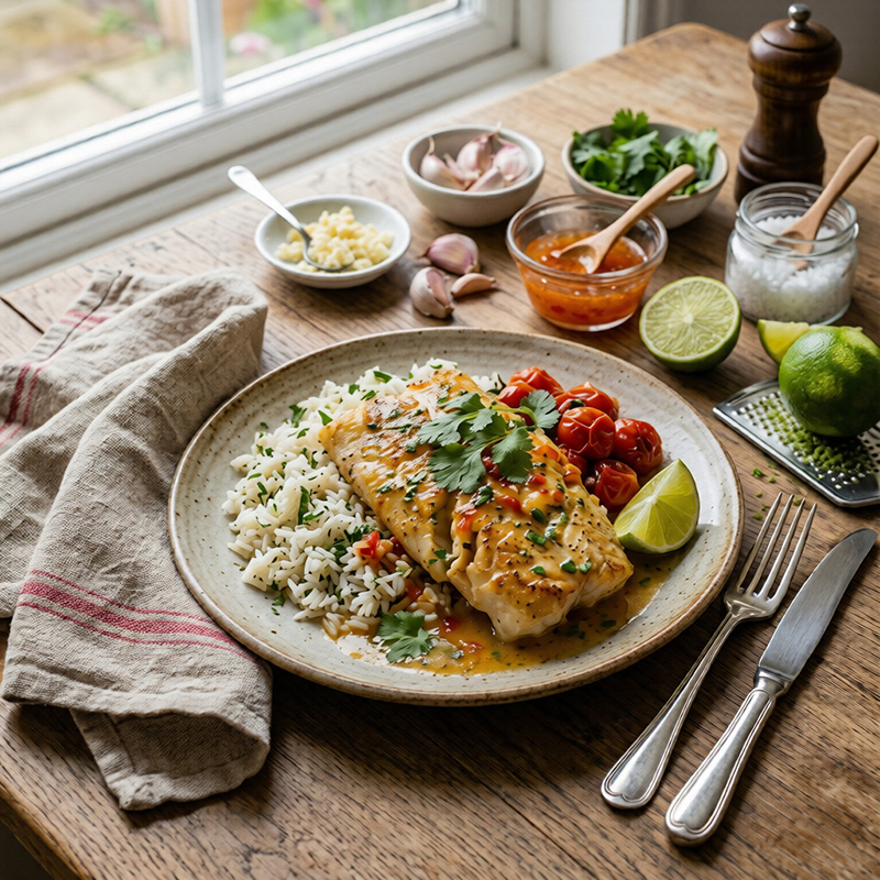 Cabillaud poêlé beurre d’ail, citron vert douceur du chili