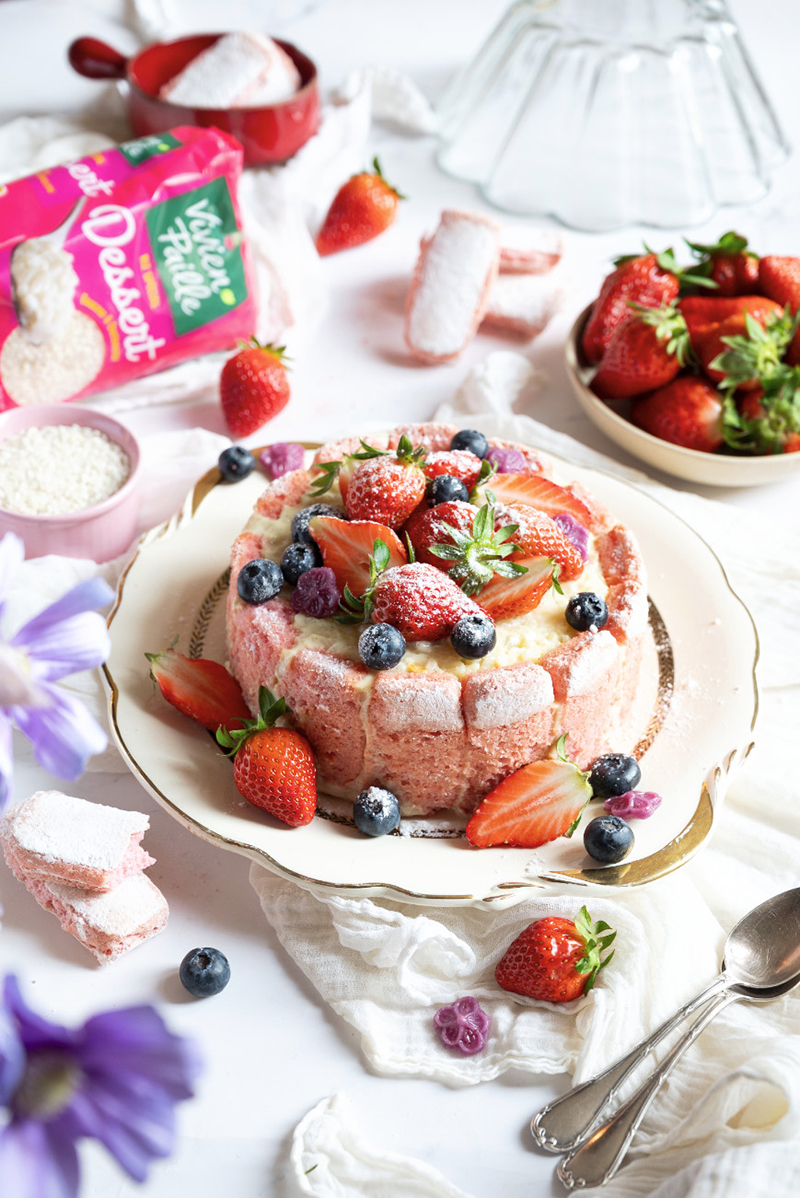 Charlotte biscuits roses, riz au lait fruits secs