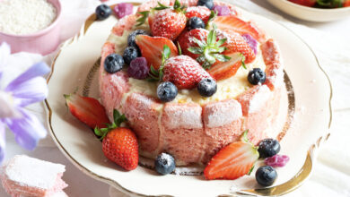 Charlotte biscuits roses, riz au lait fruits secs
