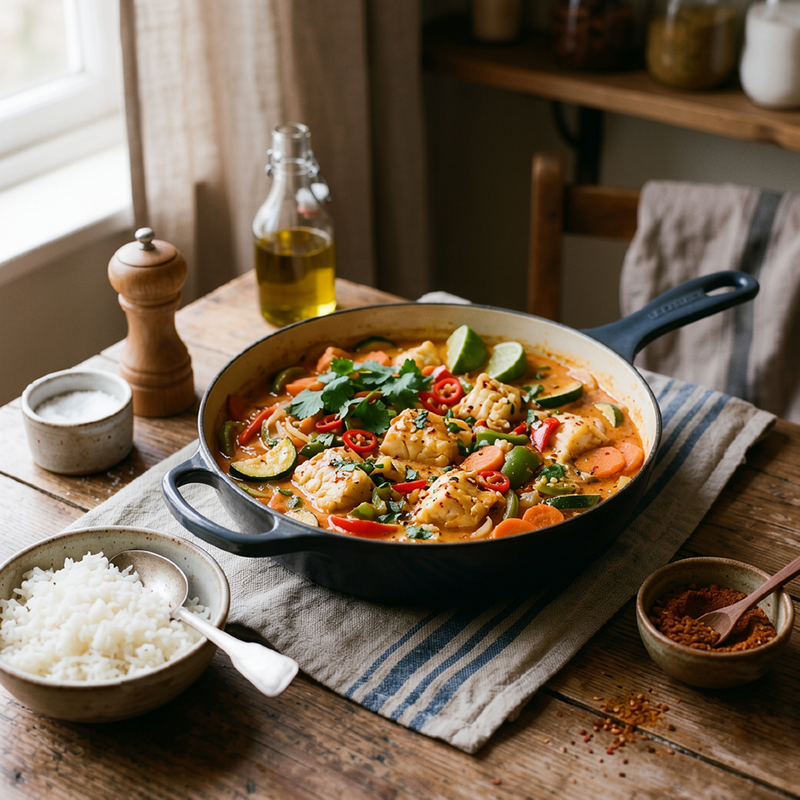 Curry rouge de cabillaud légumes lait de coco