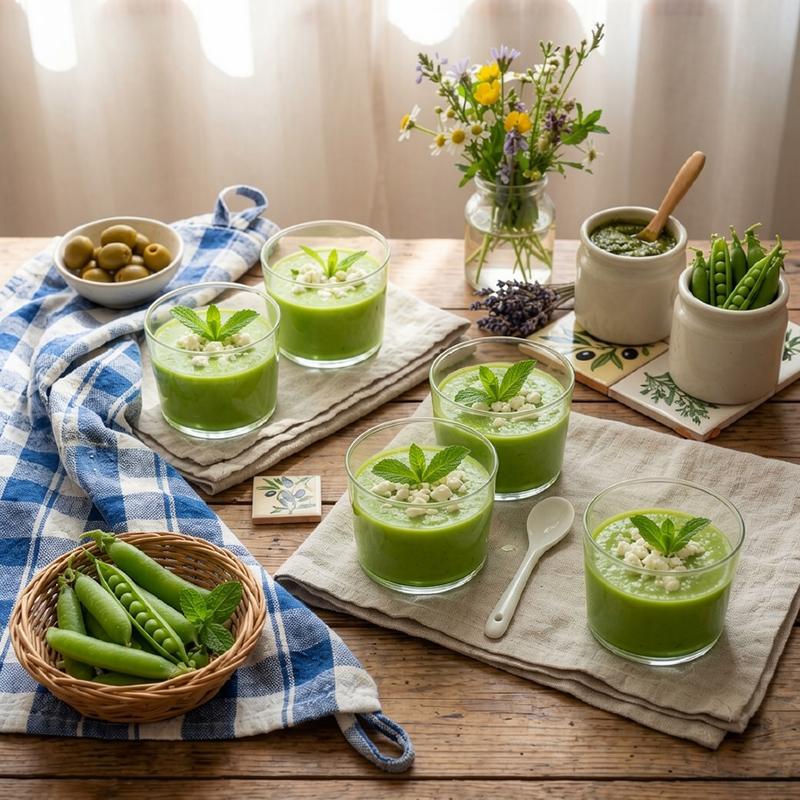 Velouté glacé petits pois, menthe fraîche éclats de feta