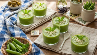 Velouté glacé petits pois, menthe fraîche éclats de feta