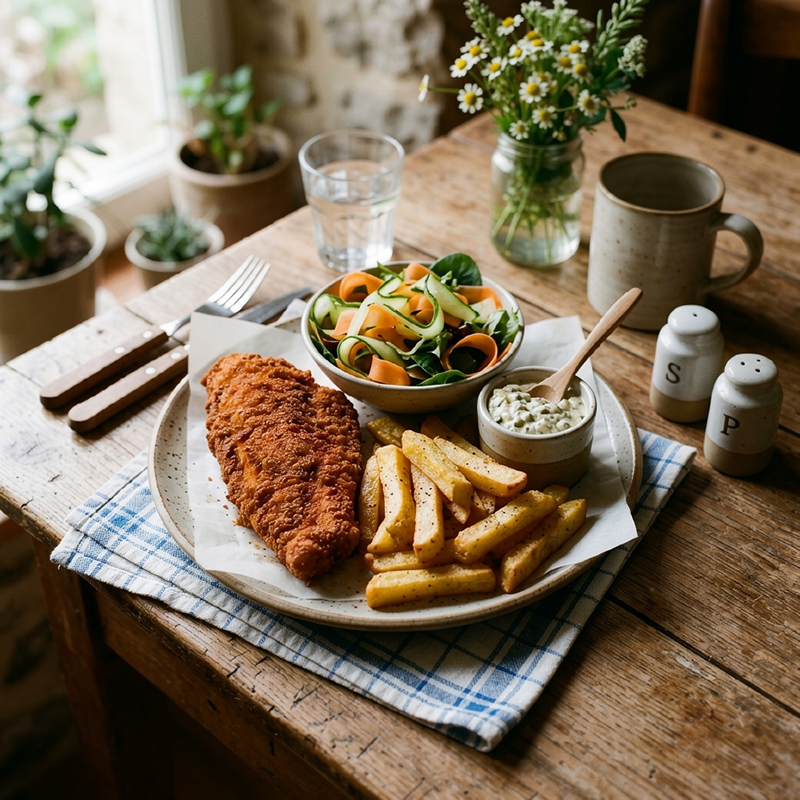 Poisson pané, frites au four salade croquante