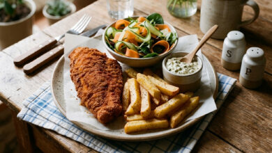 Poisson pané, frites au four salade croquante