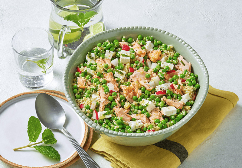 Salade de petits-pois, saumon feta