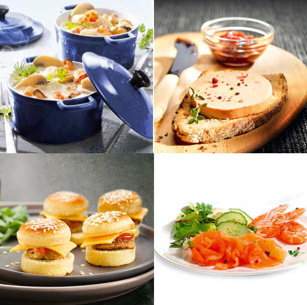 Farandoles de fruits de mer, saumon fumée, mini-burger, foie gras